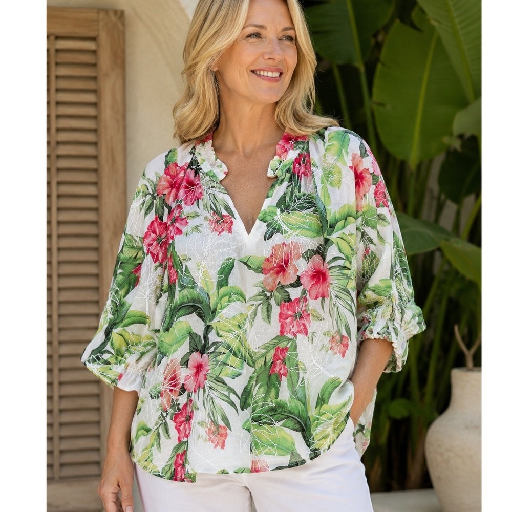 Tommy Bahama XL 100% Linen Tropical Floral Embroidered Leaf Tunic Blouse